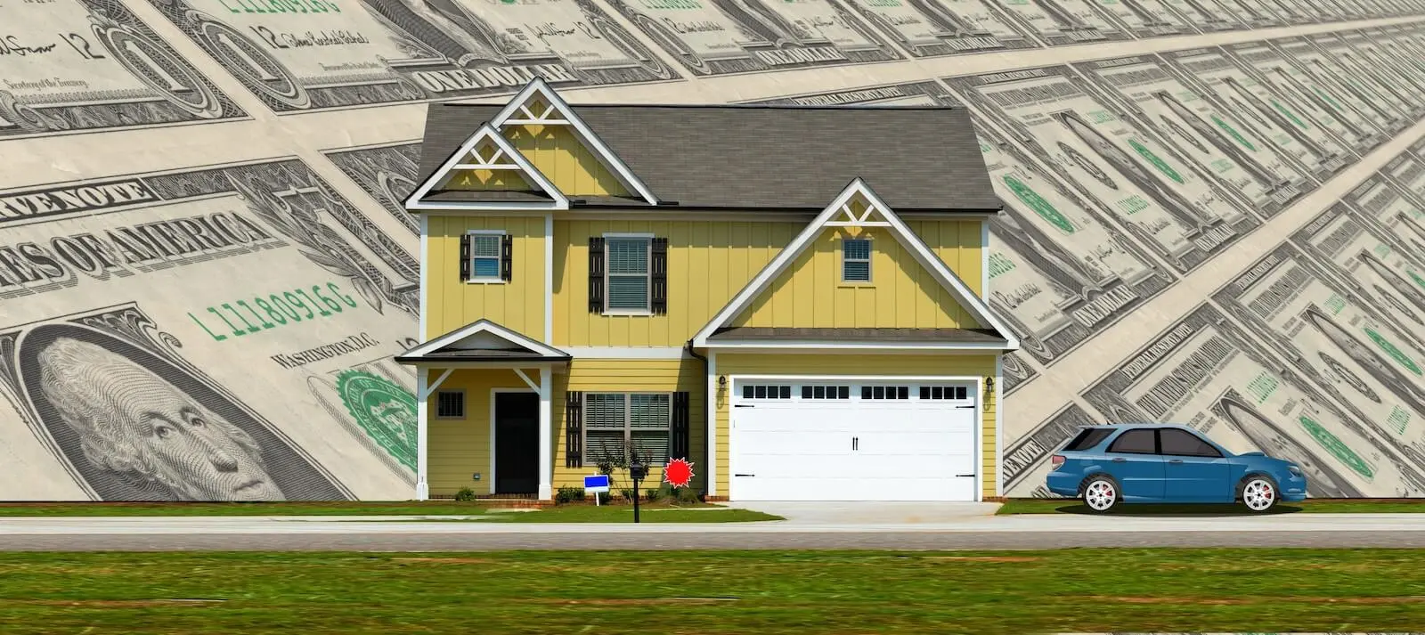Yellow two-story Florida house in front of a backdrop of dollar bills, representing the cost of a failed 4-point inspection