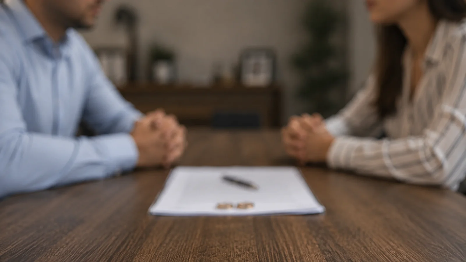 Couple sitting at a table reviewing divorce legal papers and wedding rings in Florida