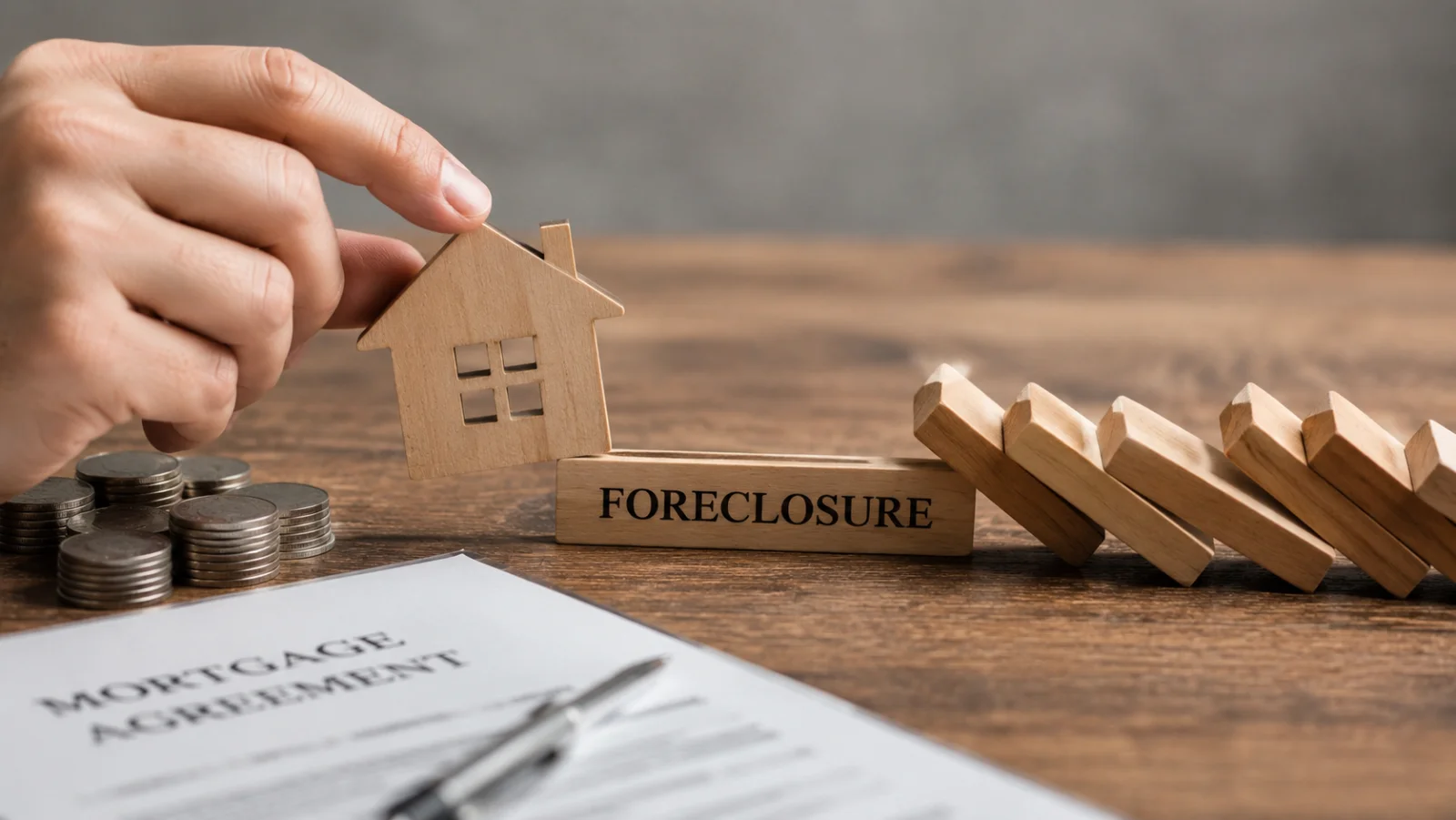 Wooden house figurine beside a foreclosure mortgage agreement document